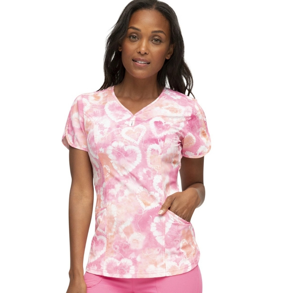 Heart Soul Loving Tie Dye Hearts Women's 3 Pocket Stretch V-Neck Scrub Top